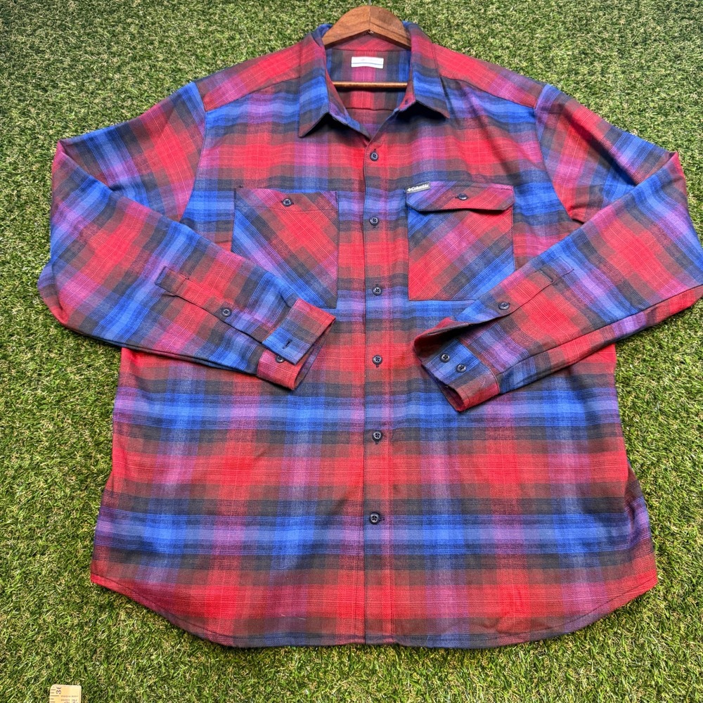 Columbia Omni-Wick Plaid Button Up Shirt Mens XXL Red Blue Purple Long Sleeve
